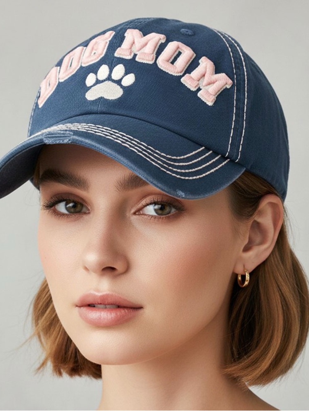 Dog Mom Embroidered Paw Baseball Cap - Navy and Pink